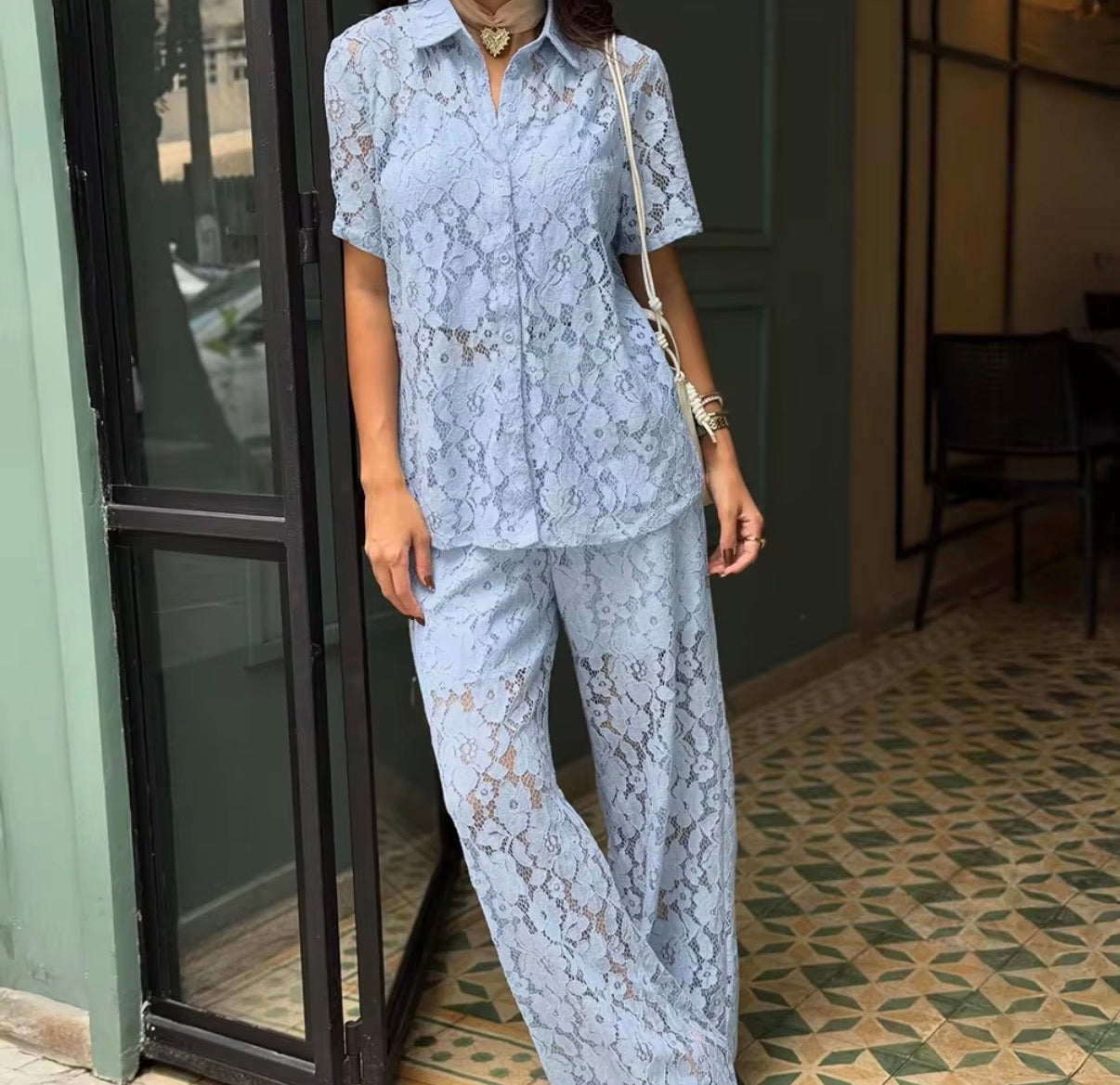 Blue Lace Shirt & Wide-Leg Pants Set