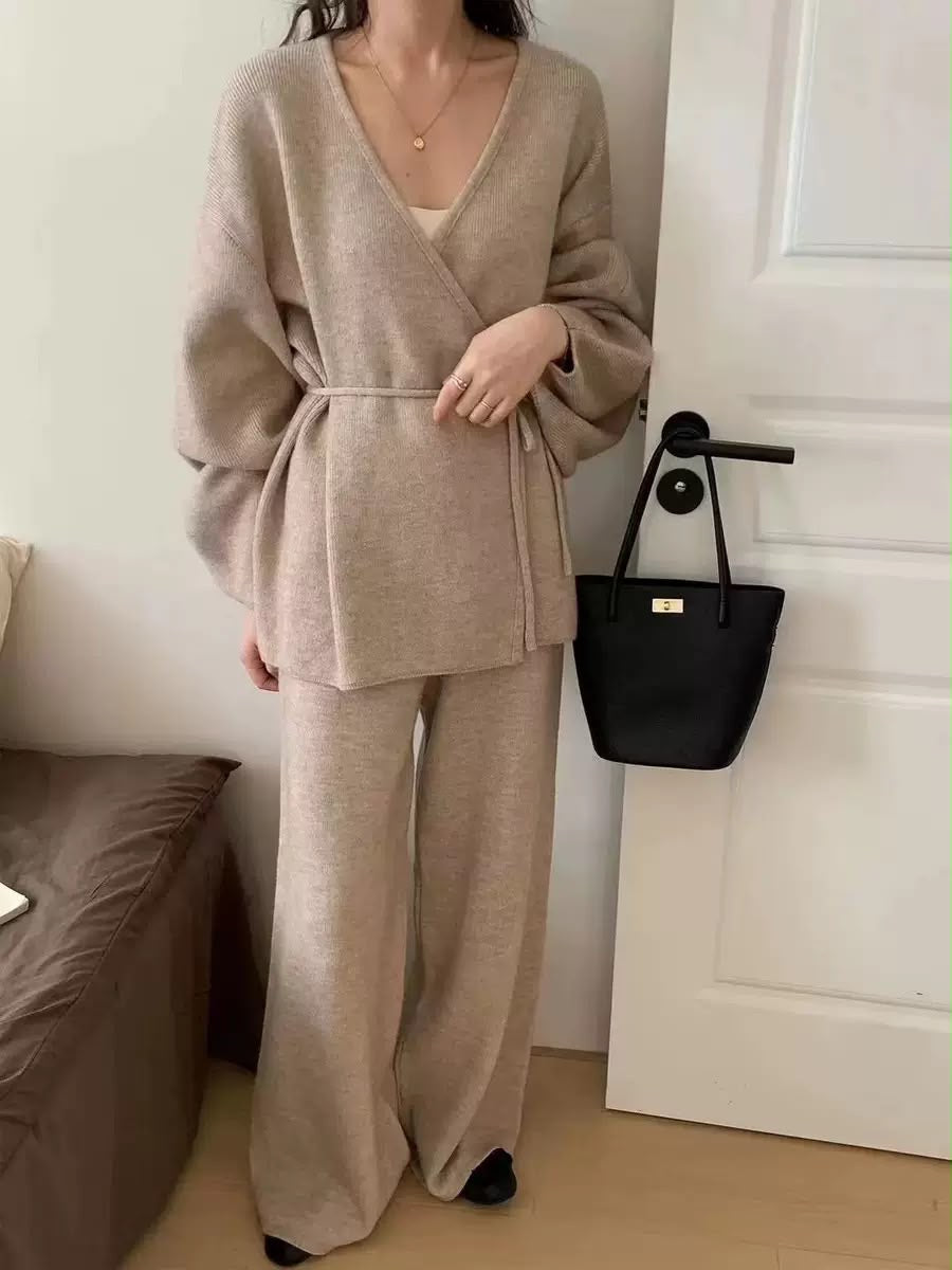 Wrap Knit Cardigan & Wide-Leg Pants Set