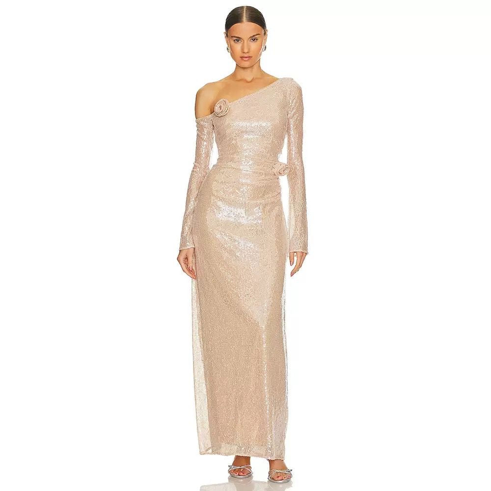 Rosette One-Shoulder Sequin Lace Dress