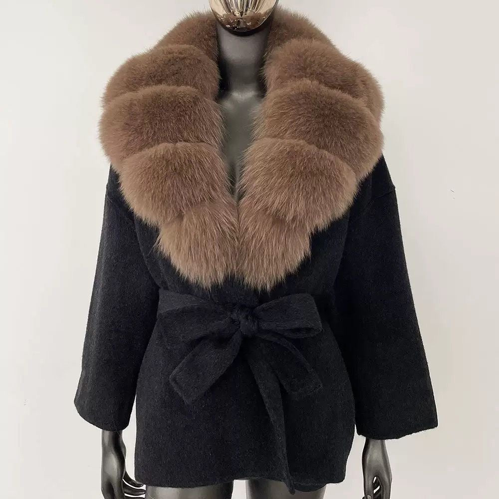 Fur-Collar Belted Wool Coat
