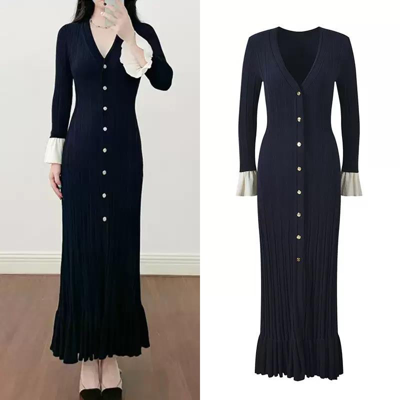 Navy Ribbed Maxi Dress with Gold Buttons and Pleated Cuffs