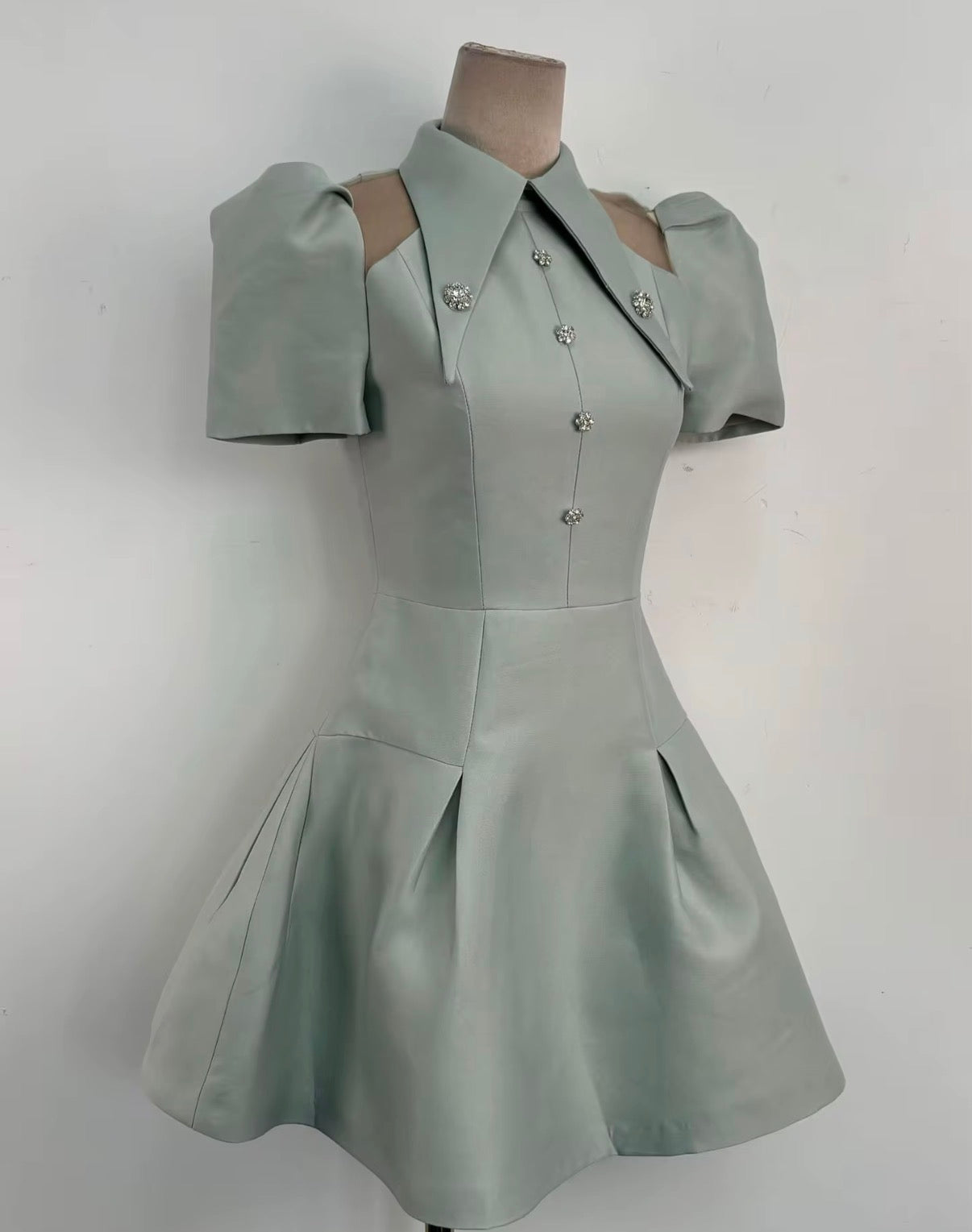 Elegant Sculpted Mini Dress with Statement Collar, Crystal Buttons, and Structured Puff Sleeves
