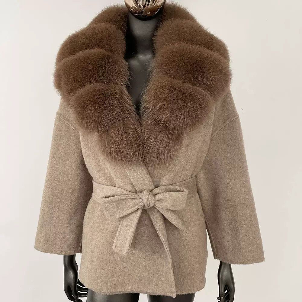 Fur-Collar Belted Wool Coat