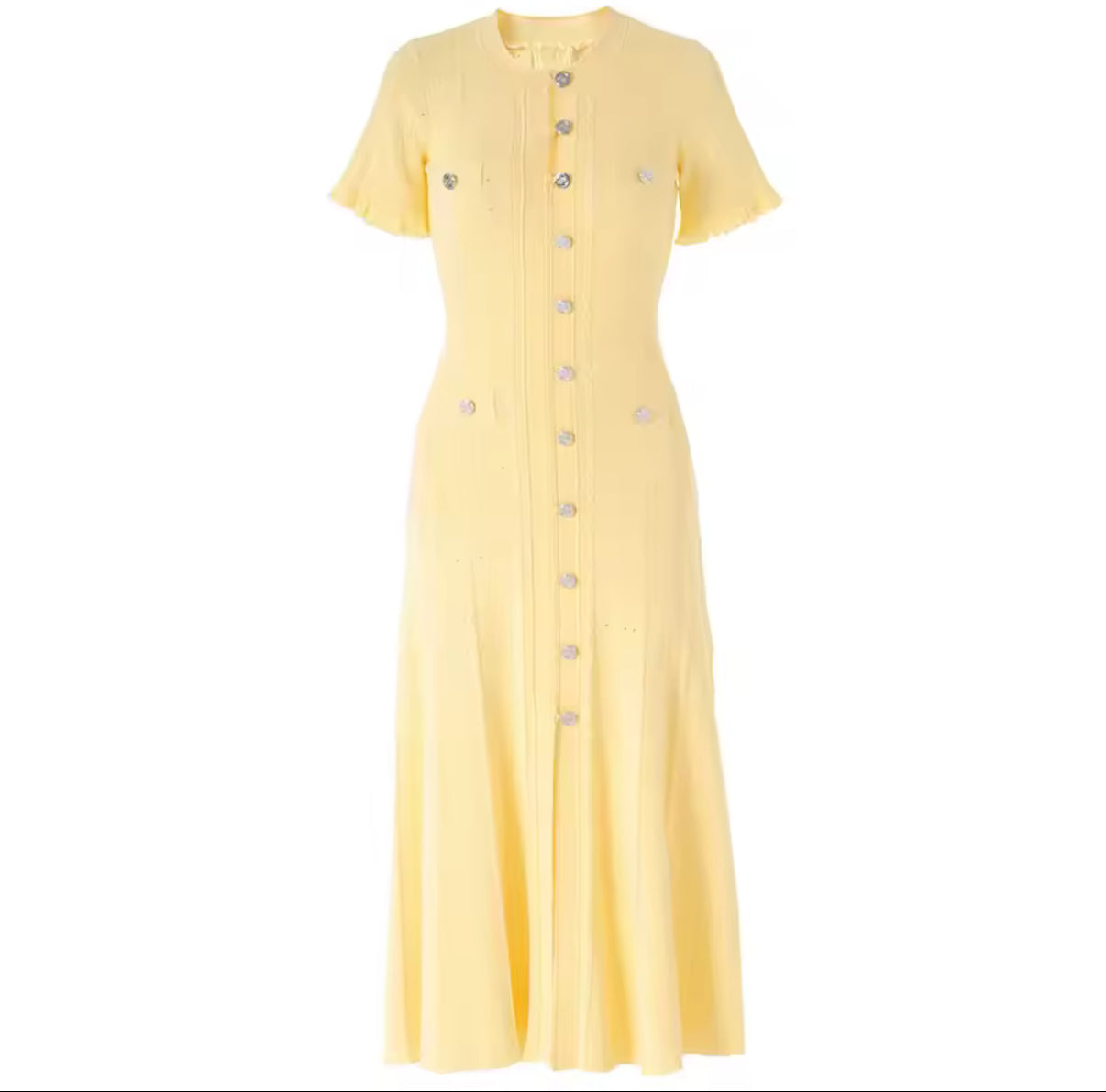 Pastel knit midi dress with front buttons and pocket detail