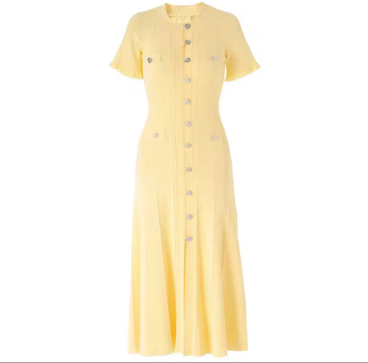 Pastel knit midi dress with front buttons and pocket detail