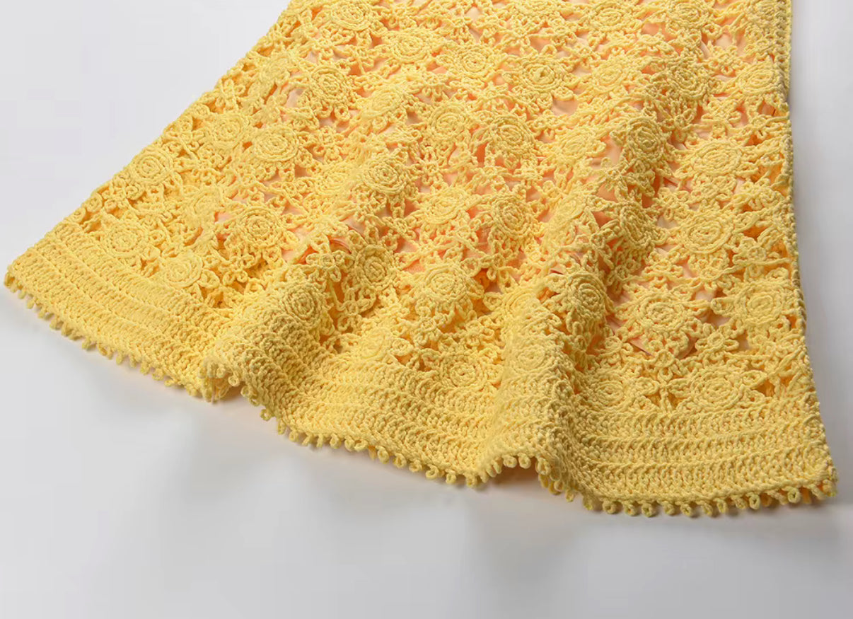 Yellow crochet mini dress with floral detailing
