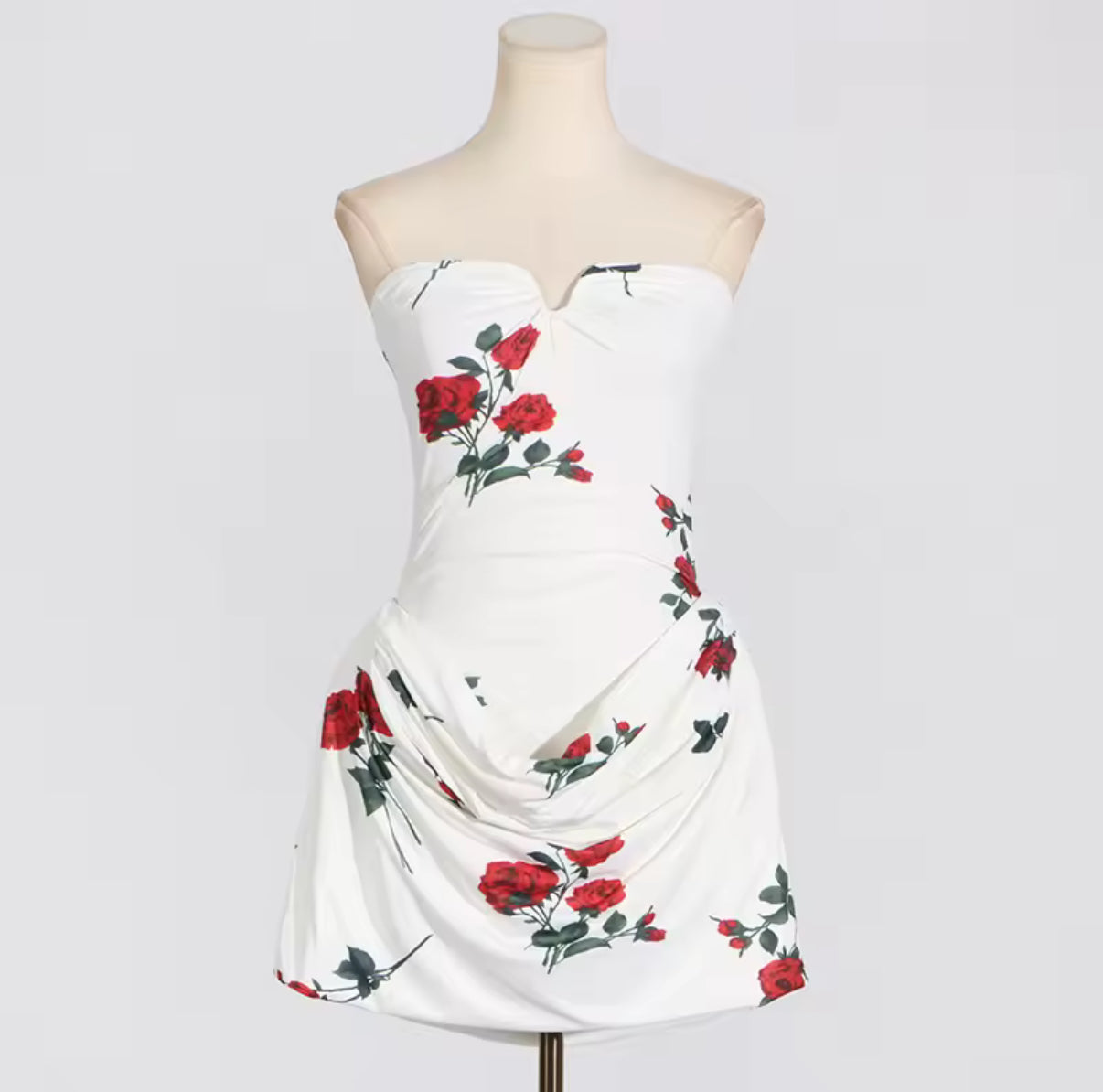 White Strapless Mini Dress with Red Rose Print and Draped Skirt Detail