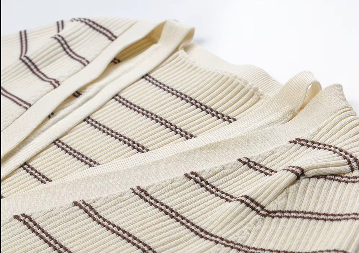 Ivory Striped Ribbed Knit Cardigan