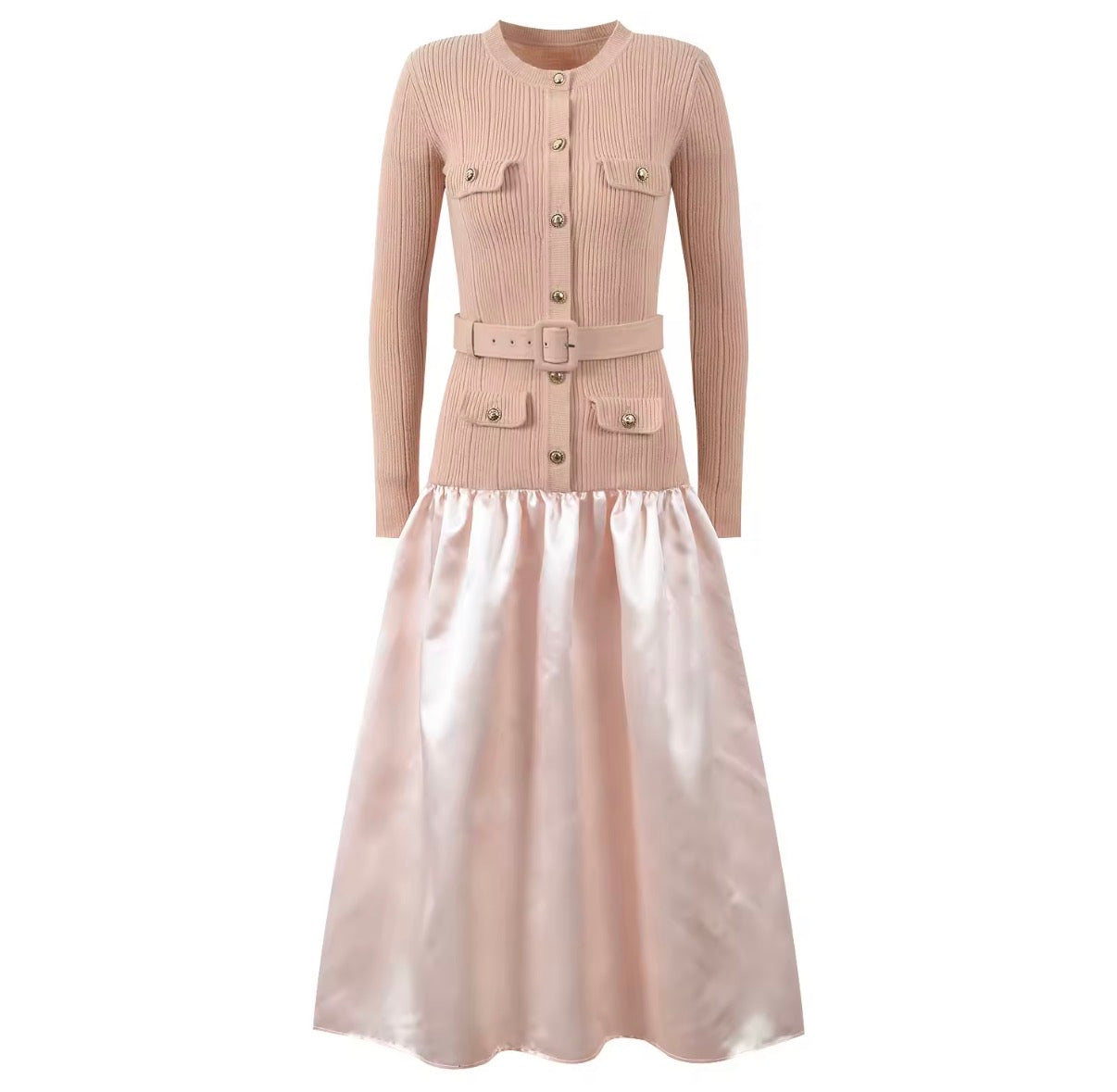 Belted Ribbed Knit & Satin Drop-Waist Midi Dress