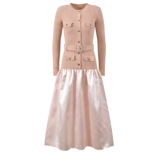 Belted Ribbed Knit & Satin Drop-Waist Midi Dress