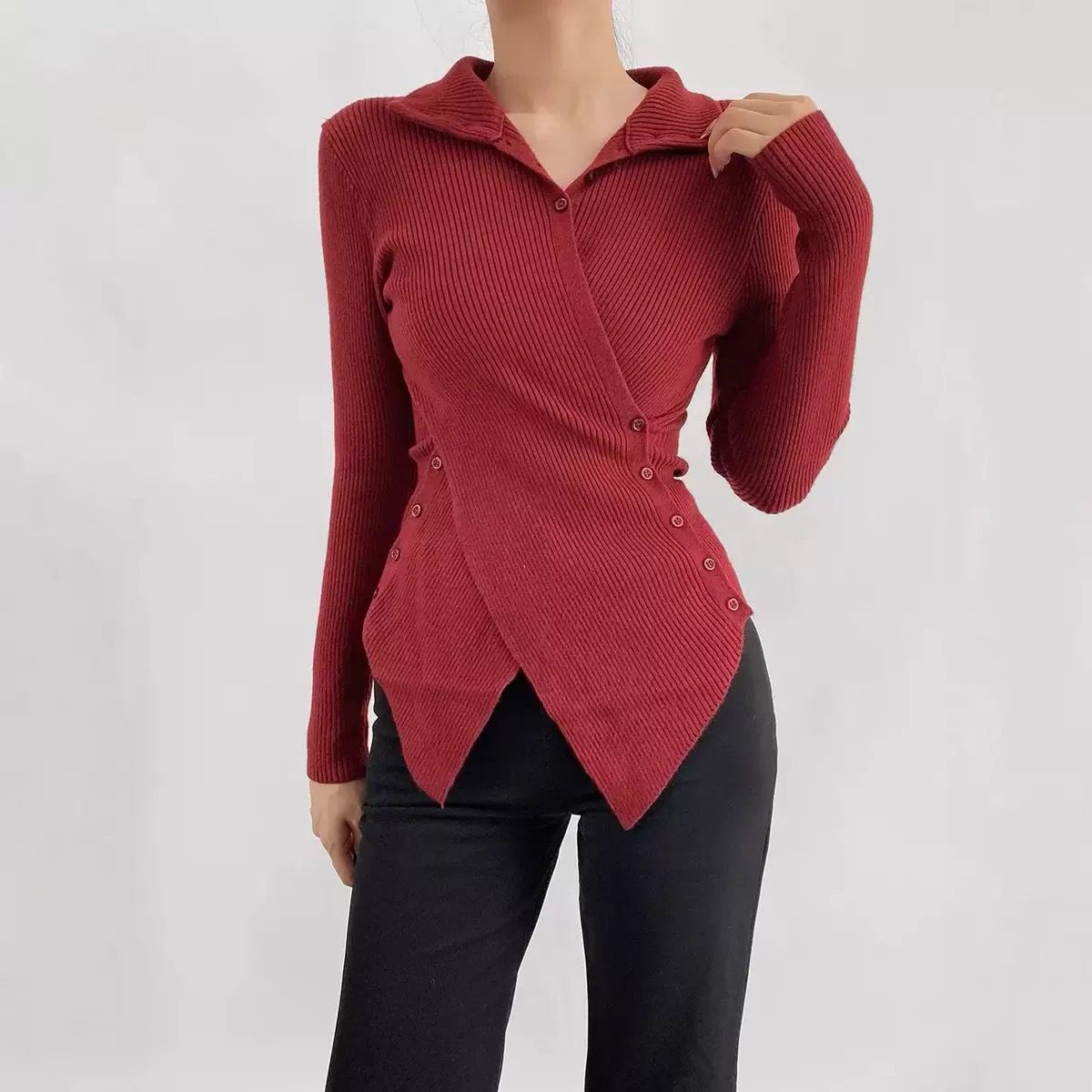 Asymmetrical Ribbed Button Top with Diagonal Hemline