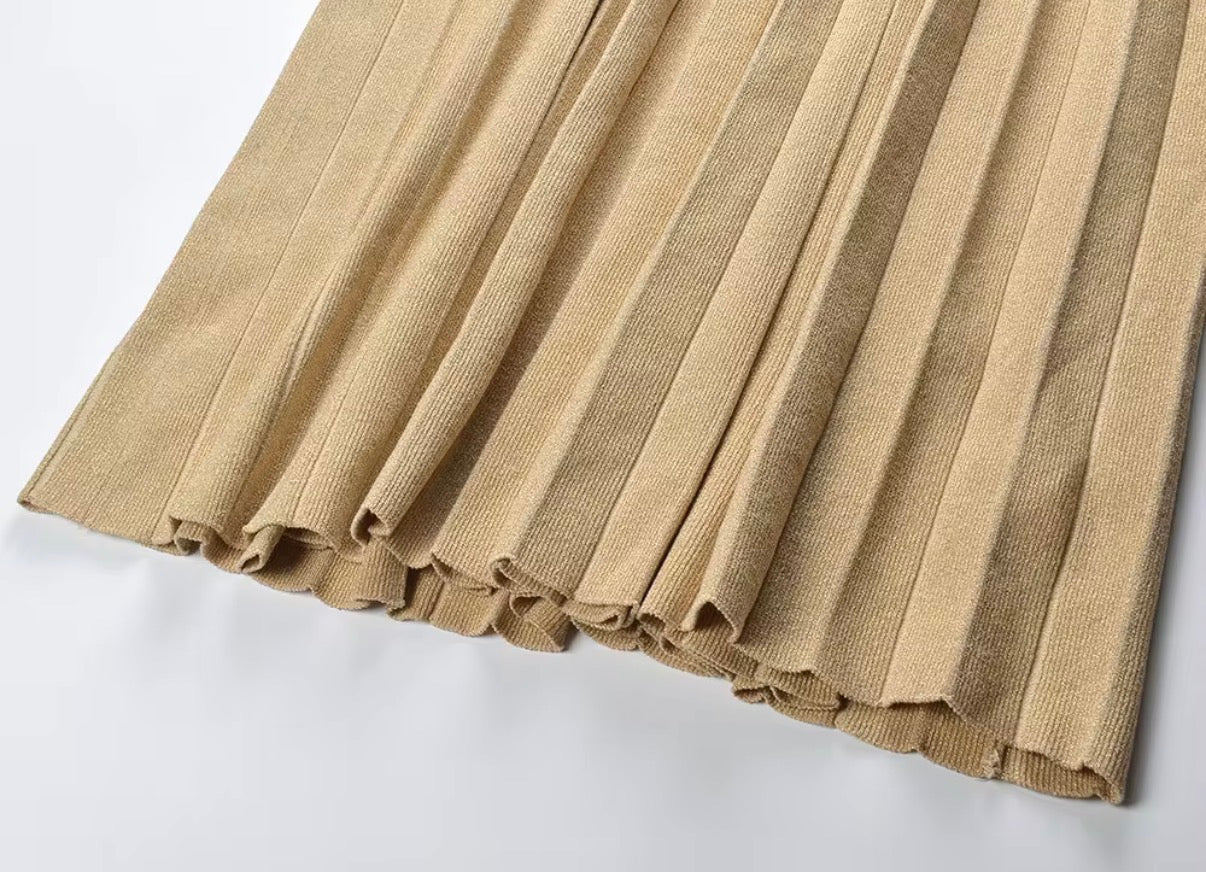 Golden Breeze Pleated Knit Maxi Dress