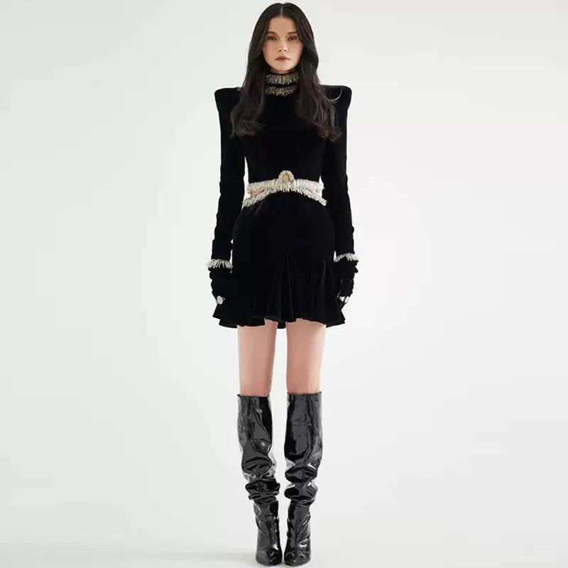 Crystal Fringe Velvet Mini Dress