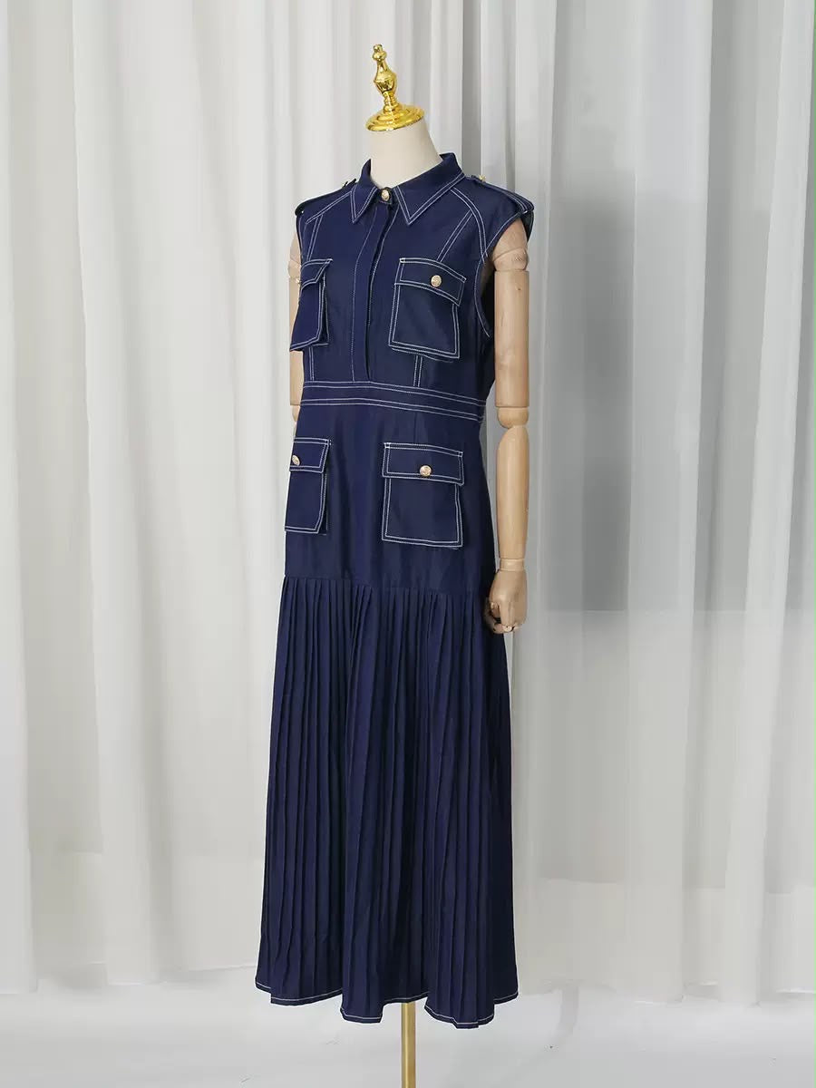 Navy Sleeveless Utility Pleated Maxi Dress