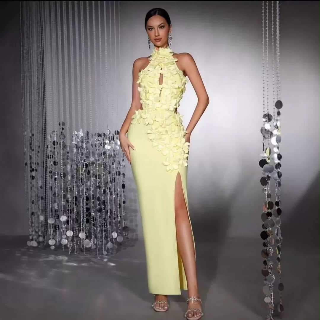 Butter Orchid Halter Gown