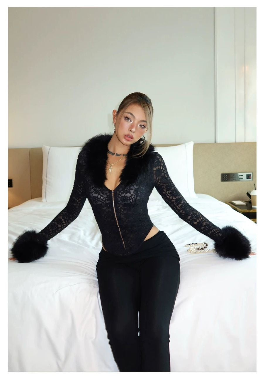 Lace Top with Fur Details