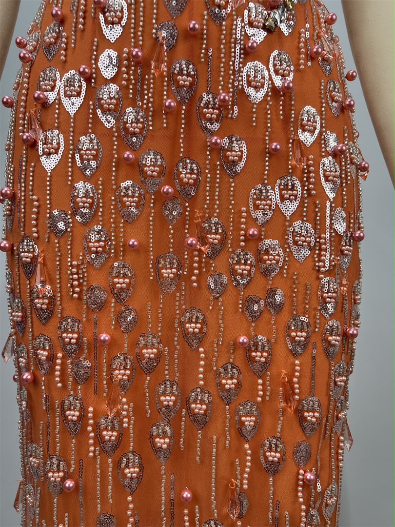 Orange Crystal-Embellished Off-Shoulder Maxi Dress ✨