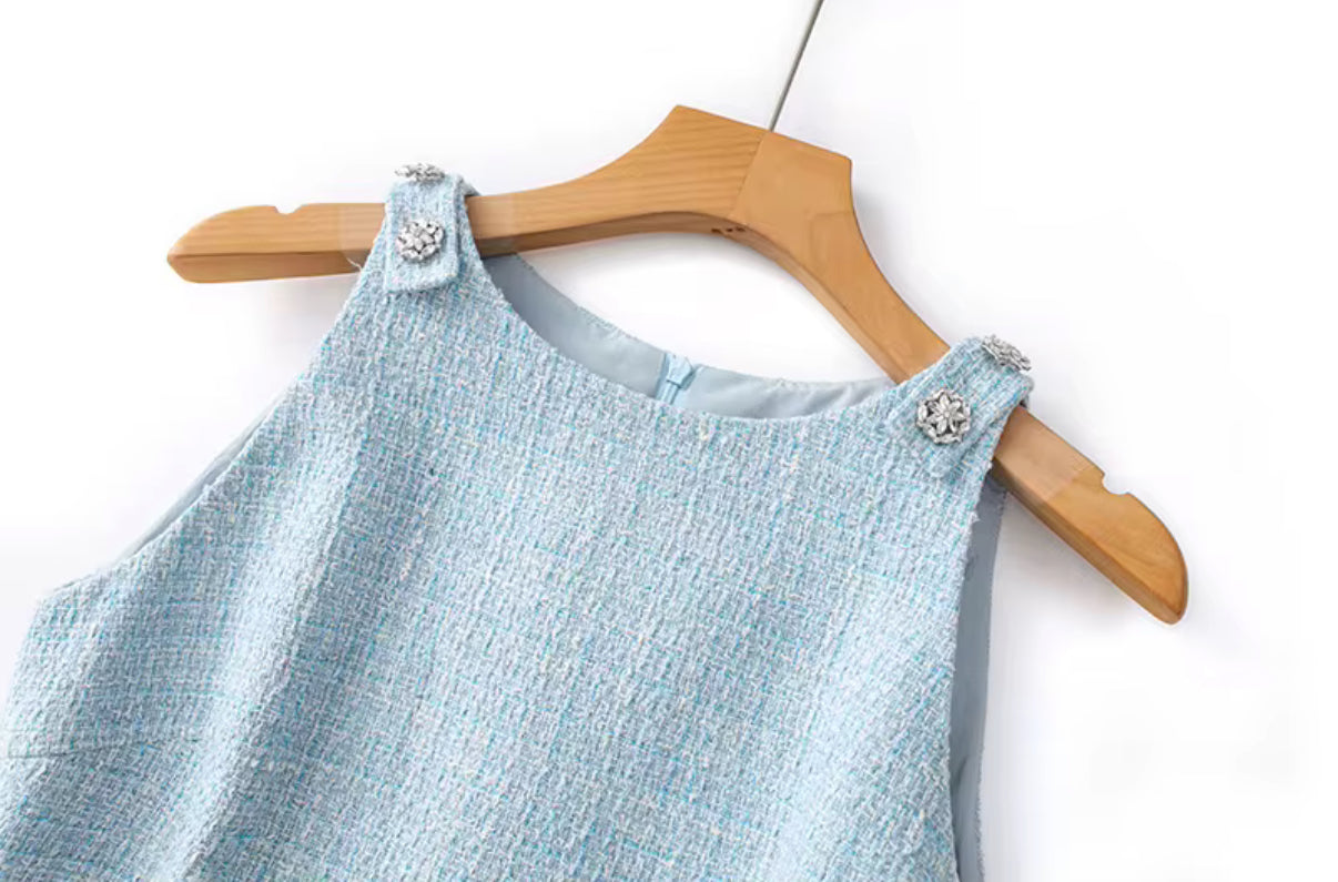 Baby blue tweed mini dress with crystal buttons