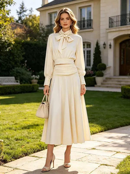 Bow Neck Ruched Midi Dress