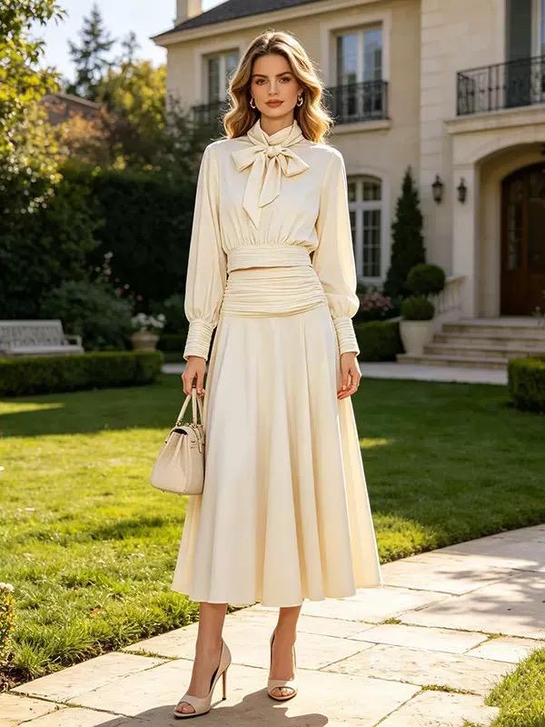 Bow Neck Ruched Midi Dress