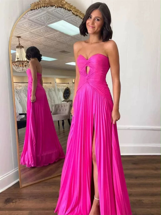 Hot Pink Strapless Cutout Pleated Maxi Dress