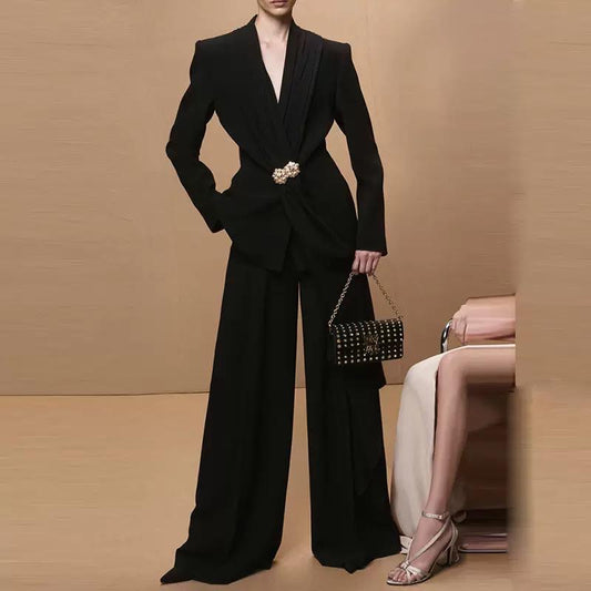 Draped Brooch Blazer Set