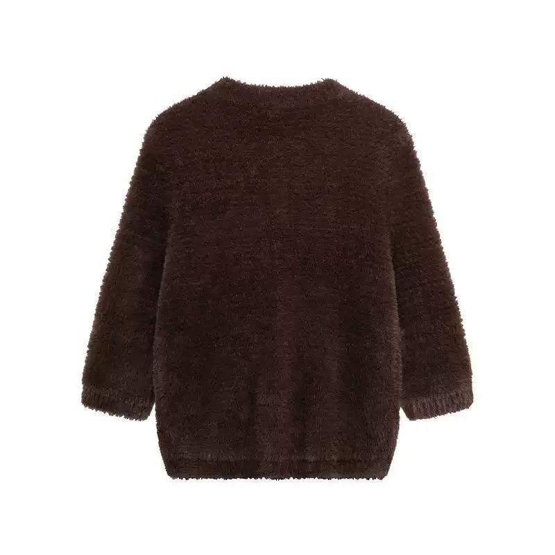 Brown Fuzzy Cardigan with Floral Crystal Buttons