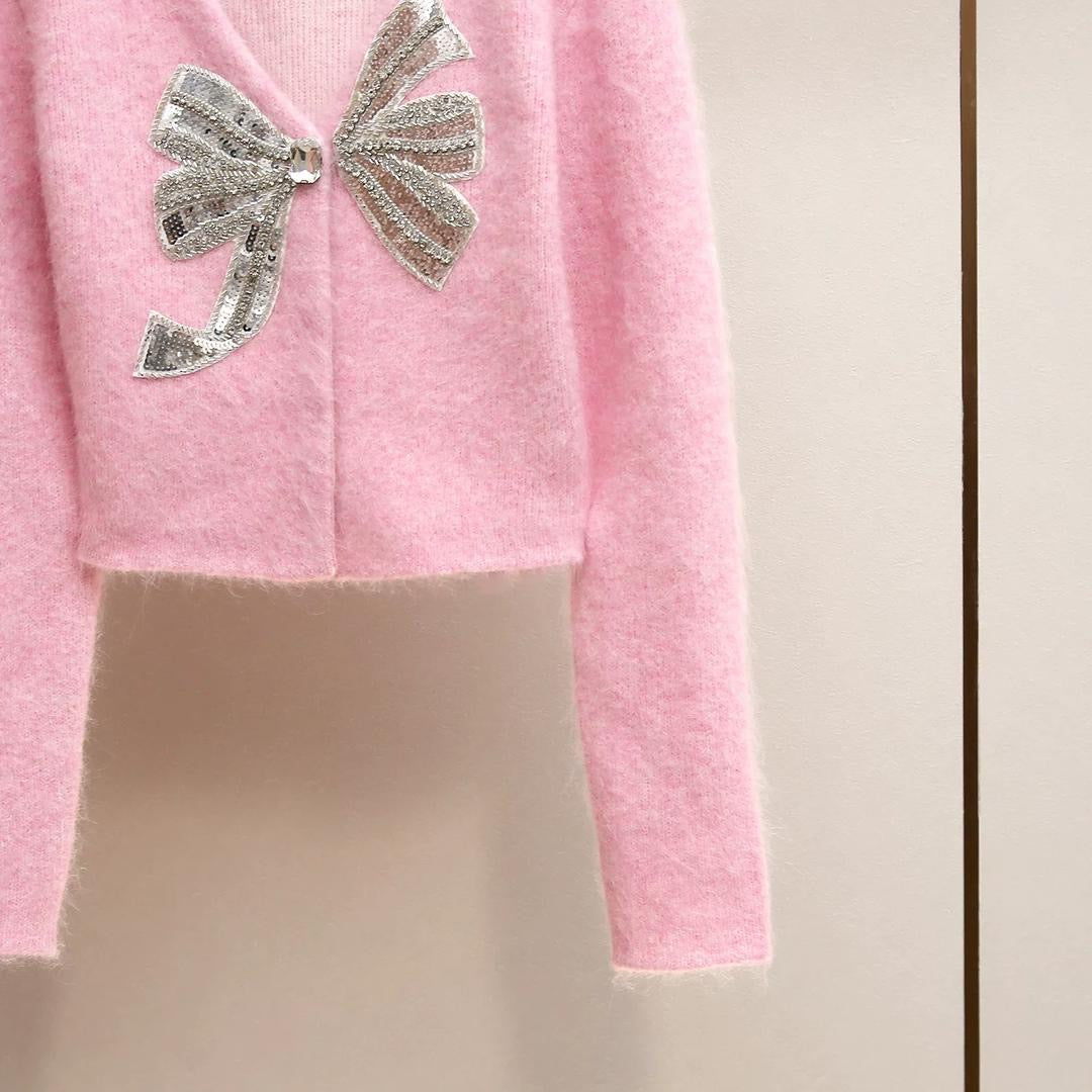 Blush Glam Bow-Embellished Fuzzy Cardigan