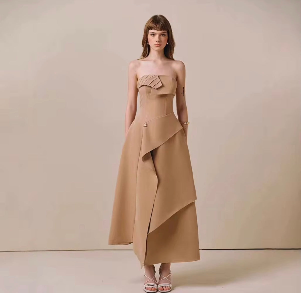 Elegant Strapless Sculpted Asymmetric Midi Dress with Draped Overlay