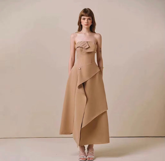 Elegant Strapless Sculpted Asymmetric Midi Dress with Draped Overlay