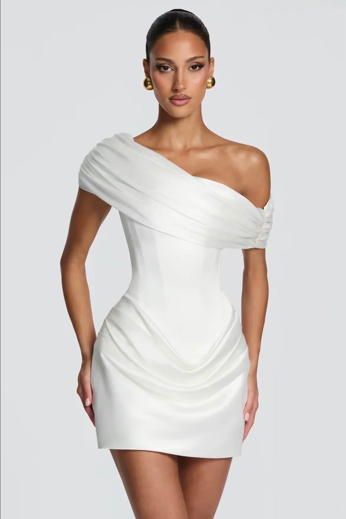 Sculpted Satin Drape Mini Dress