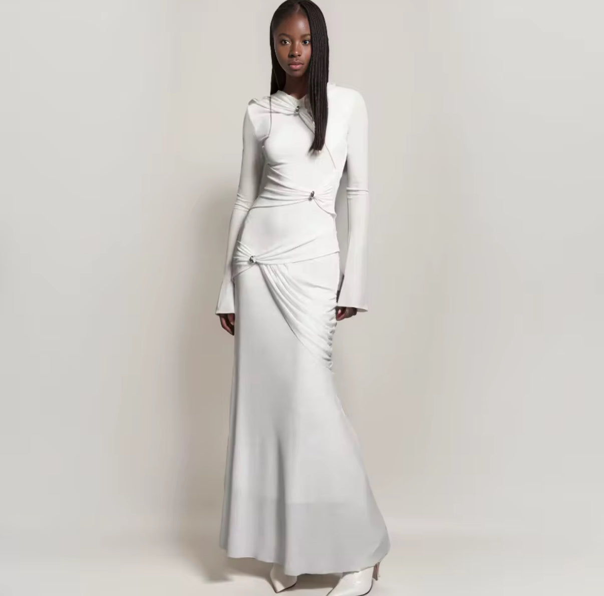 Long Sleeve Evening Dress with Gathered Waist