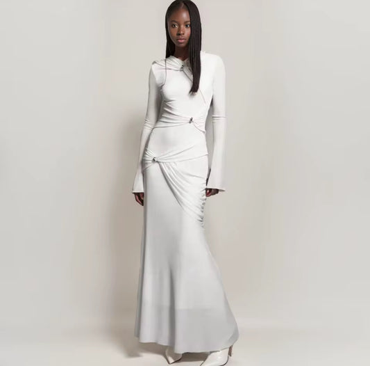 Long Sleeve Evening Dress with Gathered Waist