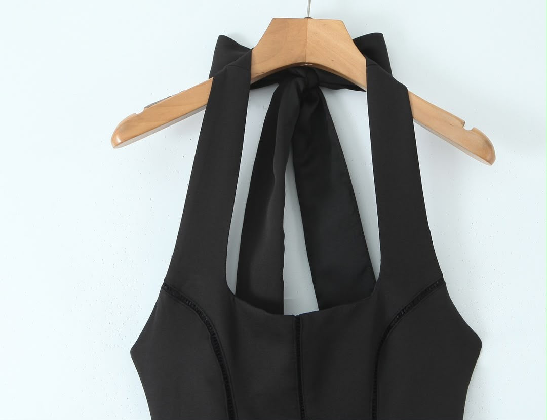 Black Halter A-Line Midi Dress