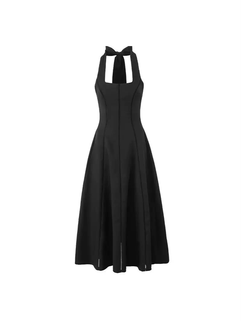 Black Halter A-Line Midi Dress