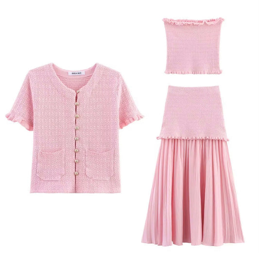 Textured Button-Up Top & Pleated Maxi Skirt Set