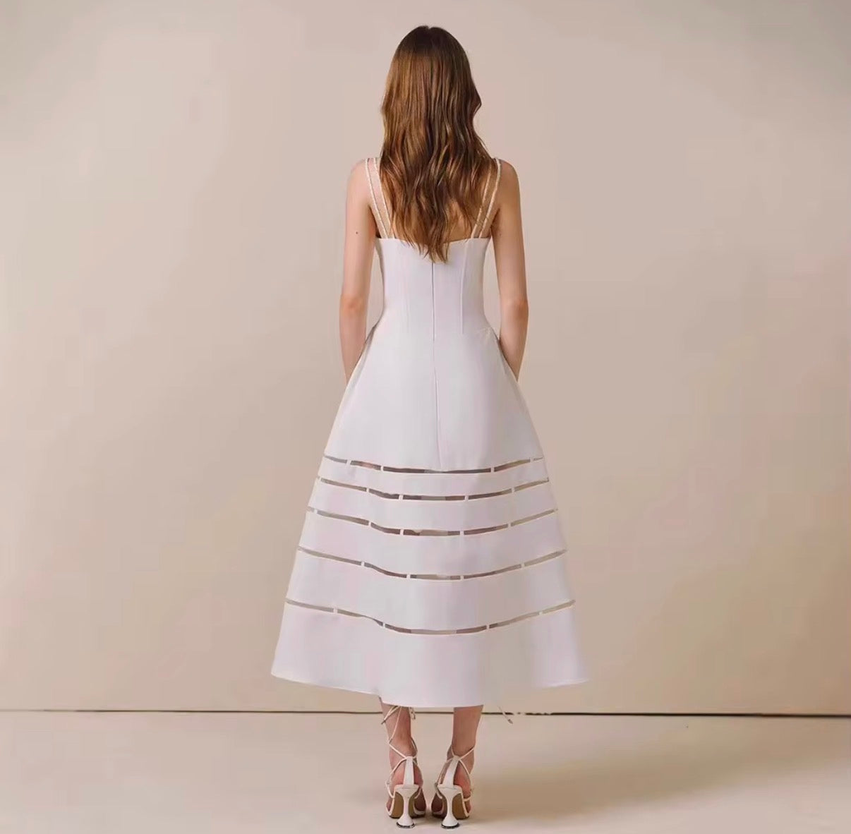 Structured White Midi Dress with Sheer Stripe Panel Skirt and Dual Strap Bodice