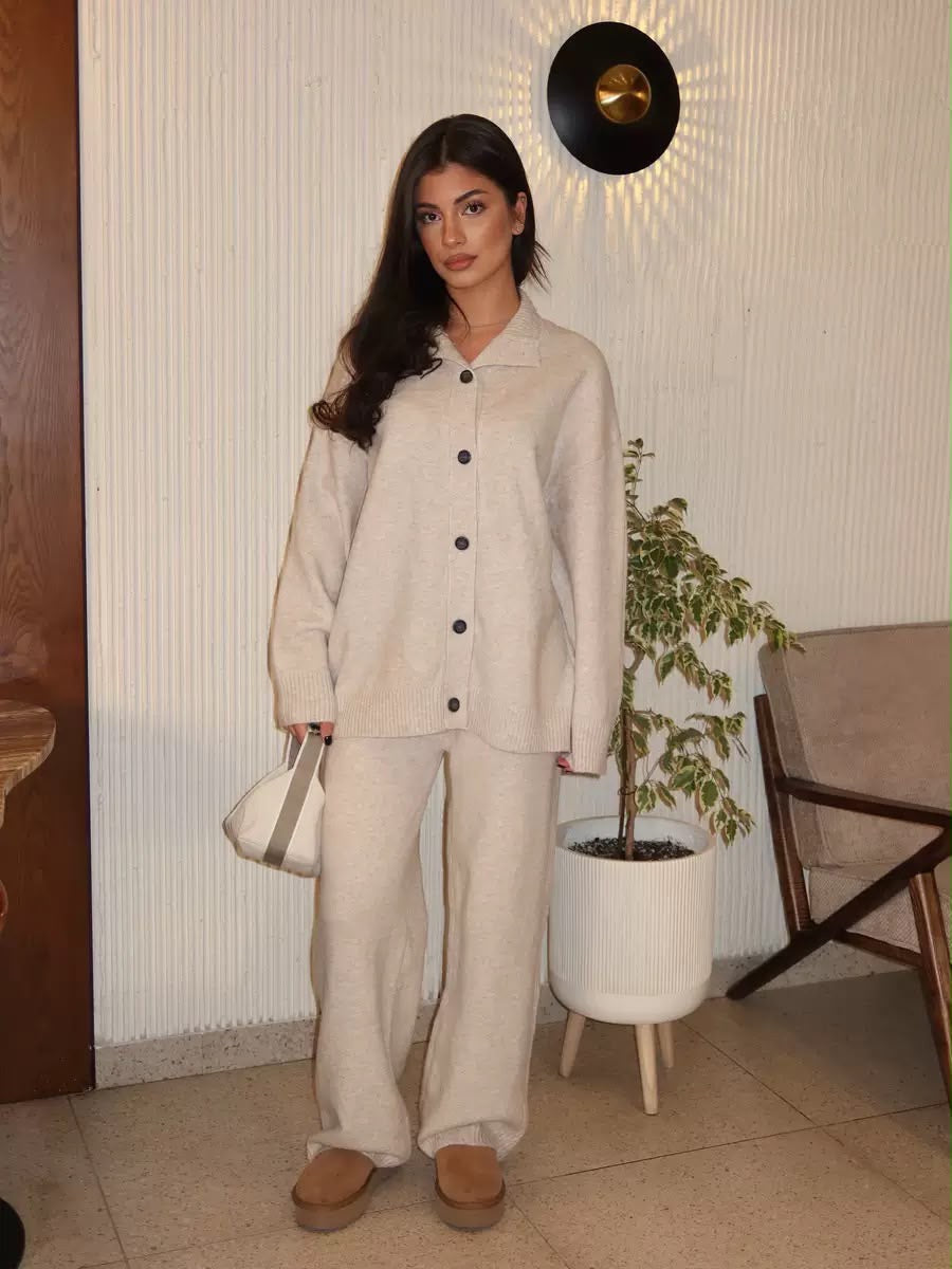 Button-Up Wide-Leg Knit Set