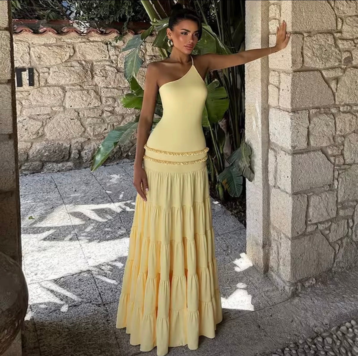 One-Shoulder Fitted Tiered Maxi Dress