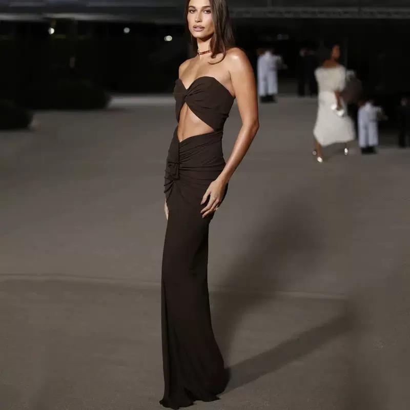 Black Twist-Front Maxi Dress with Side Cutouts and Ruched Detailing