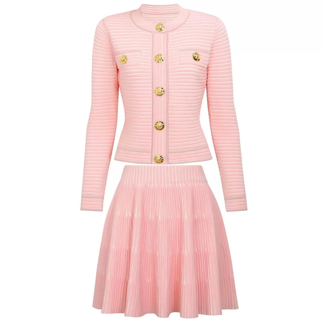 Classic Gold-Button Knitted Blazer & Pleated Skirt Set