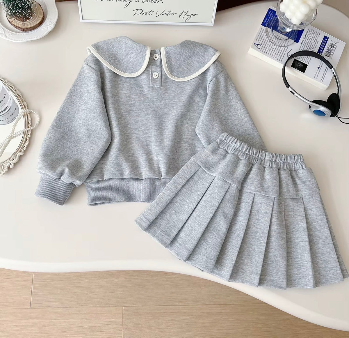 Grey Lace Bow Skirt Set