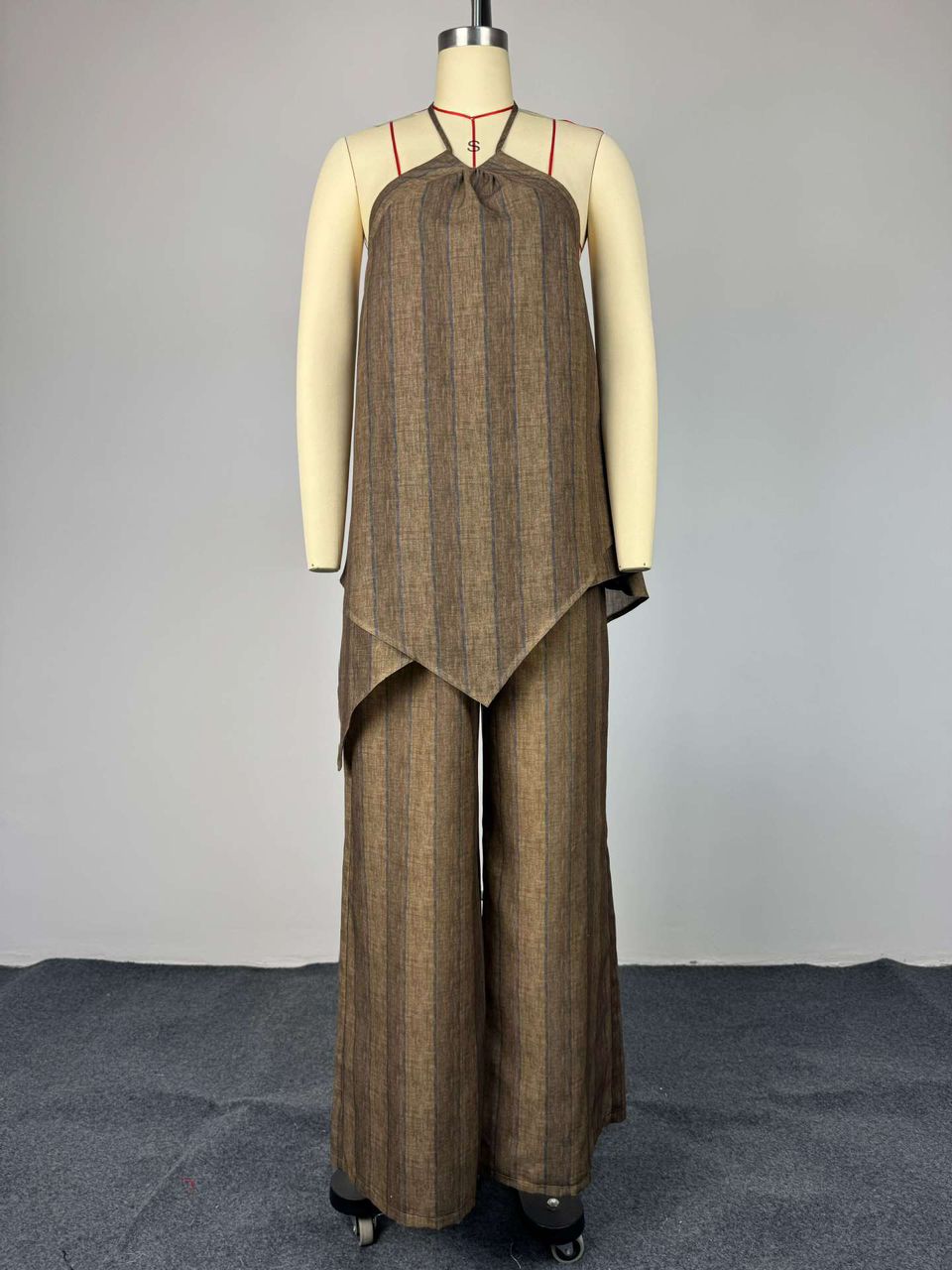 Olive Striped Halter Flow Set
