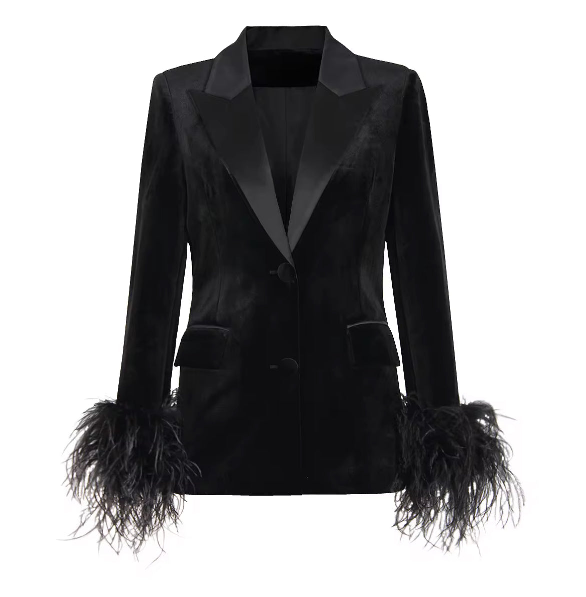 tailored cut blazer with feather-trimmed sleeves