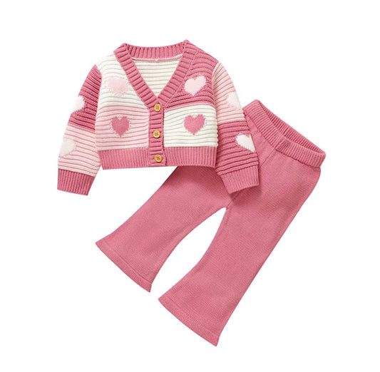 Pink Heart Knit Cardigan & Flared Pants Set