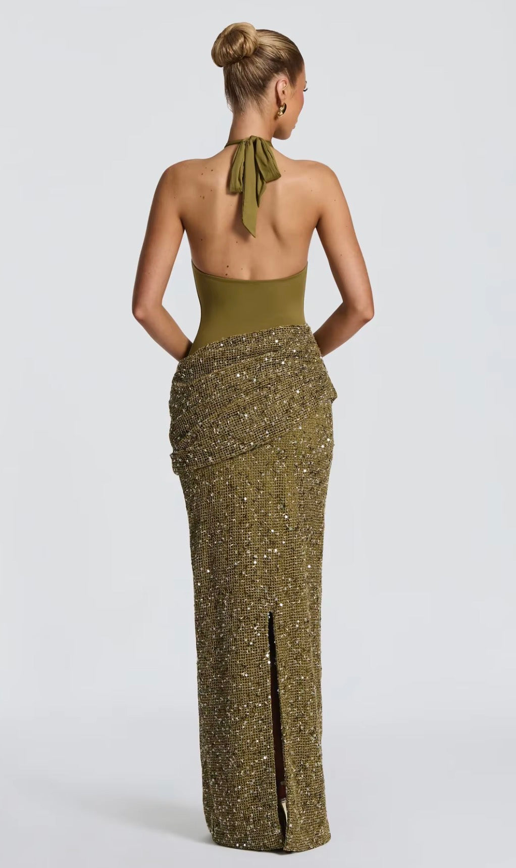 Olive Sequin Halter Maxi Dress