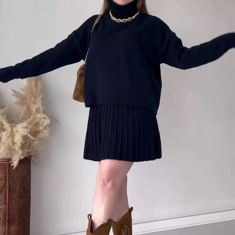 Soft Pleats Knit Turtleneck Sweater & Skirt Set