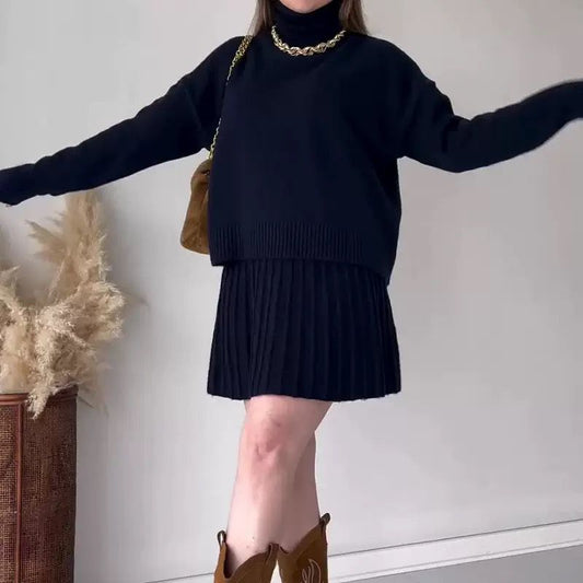 Soft Pleats Knit Turtleneck Sweater & Skirt Set