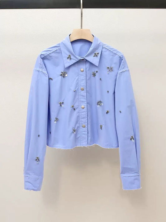 Crystal Bee Embellished Cropped Shirt – Sky Blue