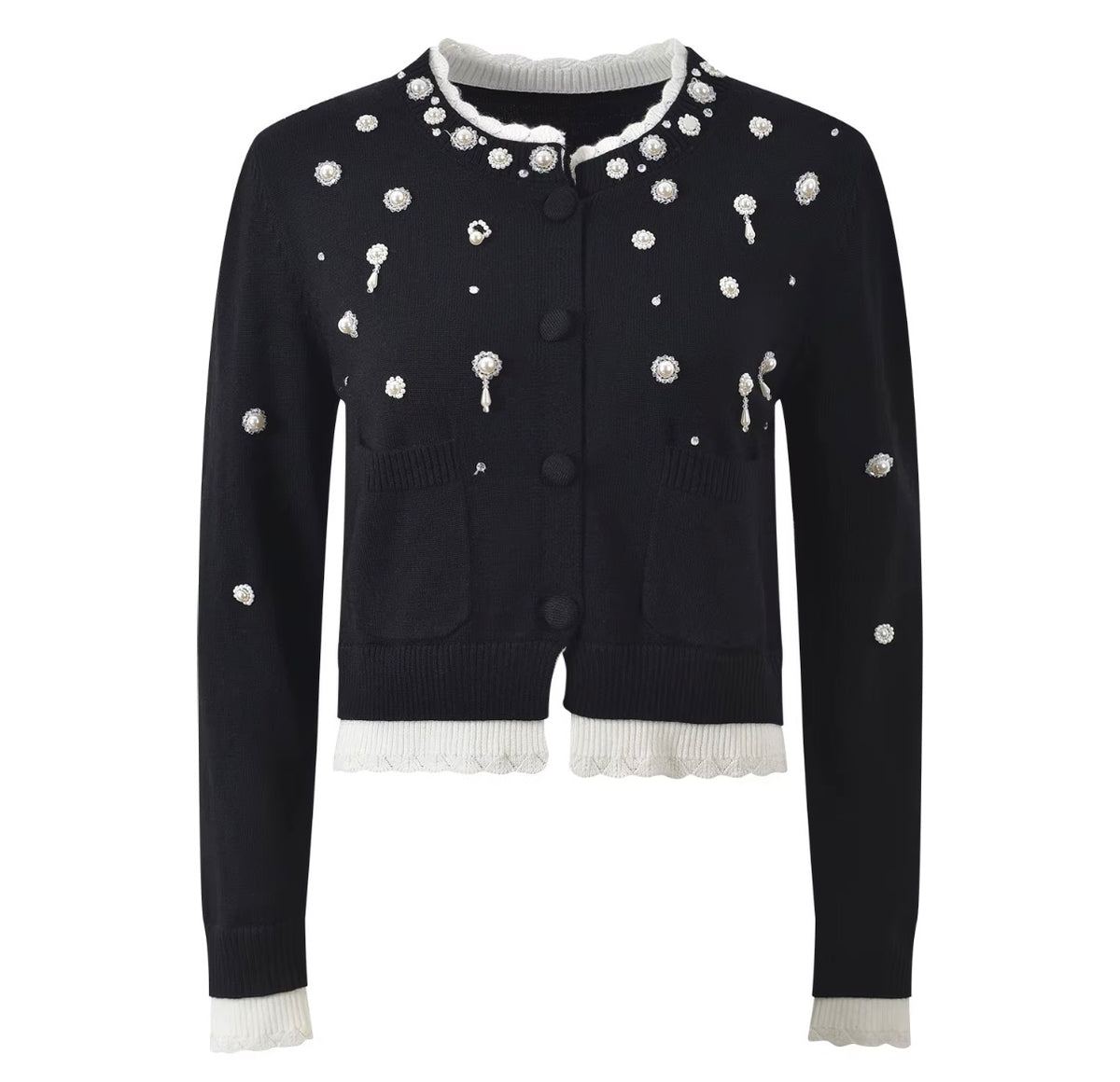 Pearl Embellished Contrast Knit Cardigan